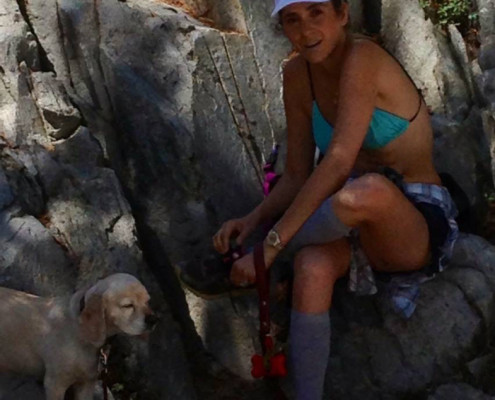Katrina Woolverton (me) and Trigger, summer hike on John Muir Trail from Lake Mary, Mammoth Lakes